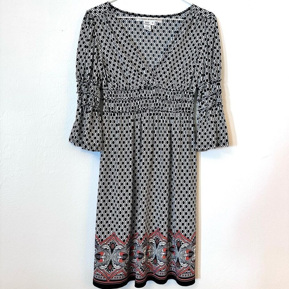 Max Studio Women's Black and White Geometric Print A-Line Dress Size Small